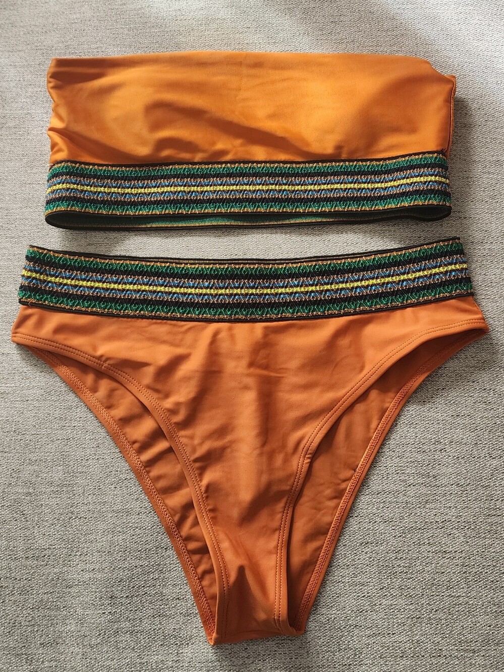 Orange Bandeau Bikini Set with Multicolor Woven Trim